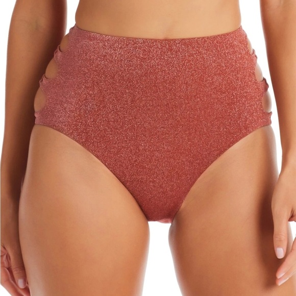 Bar III Shimmer Core Sparkly Brown Hip Slash Cutout High-Waisted Bikini Bottoms - Picture 3 of 15